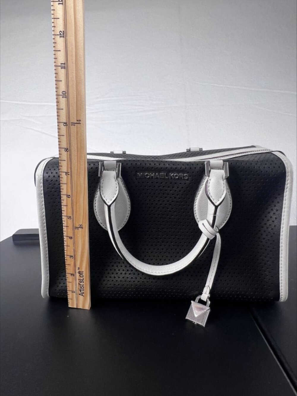 Michael Kors Black & White Perforated Leather Satchel Purse Silver Hardware - Picture 3 of 10